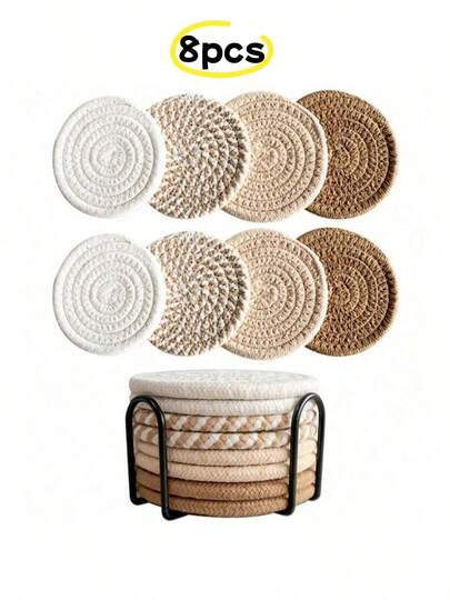4/8-Piece Dining Table Heat Insulation Pads, Including Woven Coasters, Round Absorbent Drink Coasters, Handcrafted Fabric Coasters, And Absorbent Coaster Sets With Trays, In Bohemian Style (Excluding The Shelf)