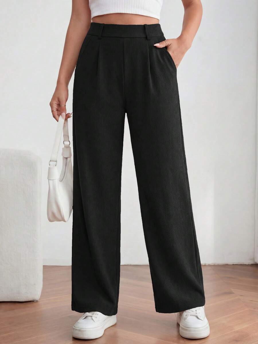 Women Casual Elastic High Waisted Wide Leg Ribbed Pants Work Business Fall Autumn Winter Lounge Palazzo Pants Trousers Dressy Outfits - 黑色 - 查看 1