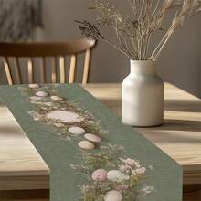 1pc Table Runner,Table Cover,Easter Eggs And Nest Pattern Design With Floral Elements,Green Tone,For Easter,New Year's Day,Valentine's Day,Mother's Day,Father's Day And More,Suitable For Home,Restaurant,Cafe,Kitchen,Dining Table,Coffee Table,Buffet Table - Green - View 2