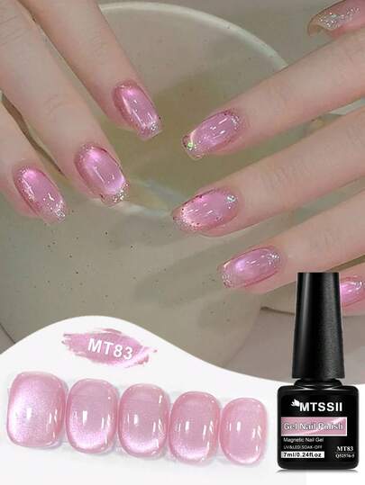 Mtssii 1瓶7毫升粉色故事猫眼凝胶指甲油，玻璃珠效果猫咪磁性凝胶指甲油，半永久可卸UV凝胶指甲油，情人节美甲，美甲DIY，家用及美甲沙龙用品