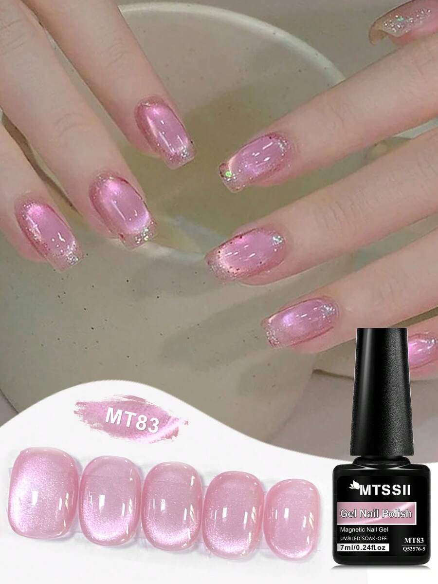 Mtssii 1pc 7ml Pink Story Cat Eye Gel Nail Polish, Glass Beads Effect Cat Magnetic Gel Polish , Semi Permanent Soak Off UV Gel Varnish For Valentines Nails, Manicure Nail Art DIY For Home And Salon Nail Supplies - 粉色 - 查看 1