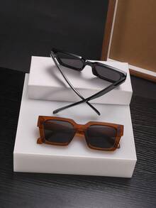 2 PCS Men's Polycarbonate Black Square Frame Round,Oval Solid Color Fashion Glasses For Outdoor Vacation With Glasses Box - Multicolor - View 3
