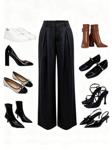 Women's Black Woven Wide Leg Long Suit Pants, With Pockets, Non-Stretch - Black - View 8
