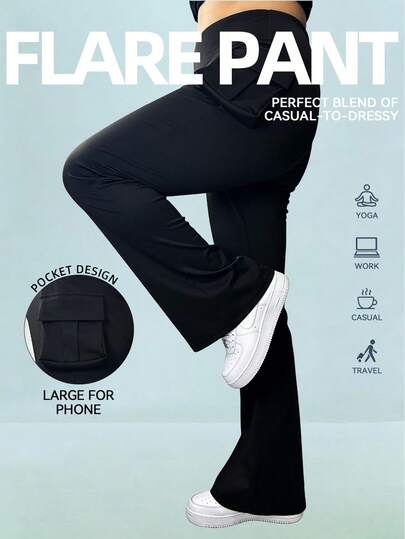 Pantaloni casual a zampa di elefante di taglia comoda, abbigliamento autunnale da donna, pantaloni cargo a vita alta e morbidi con tasche