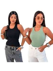 Kit 3 Regatas Femininas Ribana Canelada Grossa Premium Alça Larga - azul e preto - Visão 5