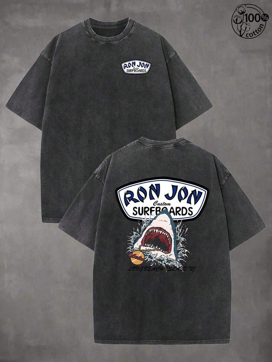 Vintage Washed Rons Jon Surf Shop Long Beach Island Shark Graphic T-Shirt, 100% Cotton Oversized Short Sleeve Tee, Retro Surf Style - 黑色 - 查看 1