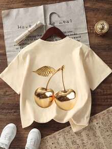 少女休闲印花圆领短袖T恤，夏季上衣 - 杏色 - 查看 2