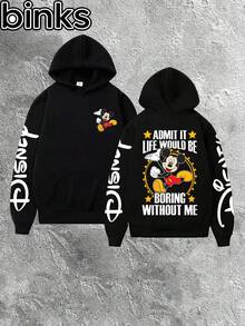 Disney Binks (Double-Sided Printing): Mickey Mouse Element Printed Hooded Sweatshirt, High Street  Brand Loose Fitting Pullover, Autumn And Winter Fashionable Versatile Top, Holiday Gift - màu đen - Xem 3