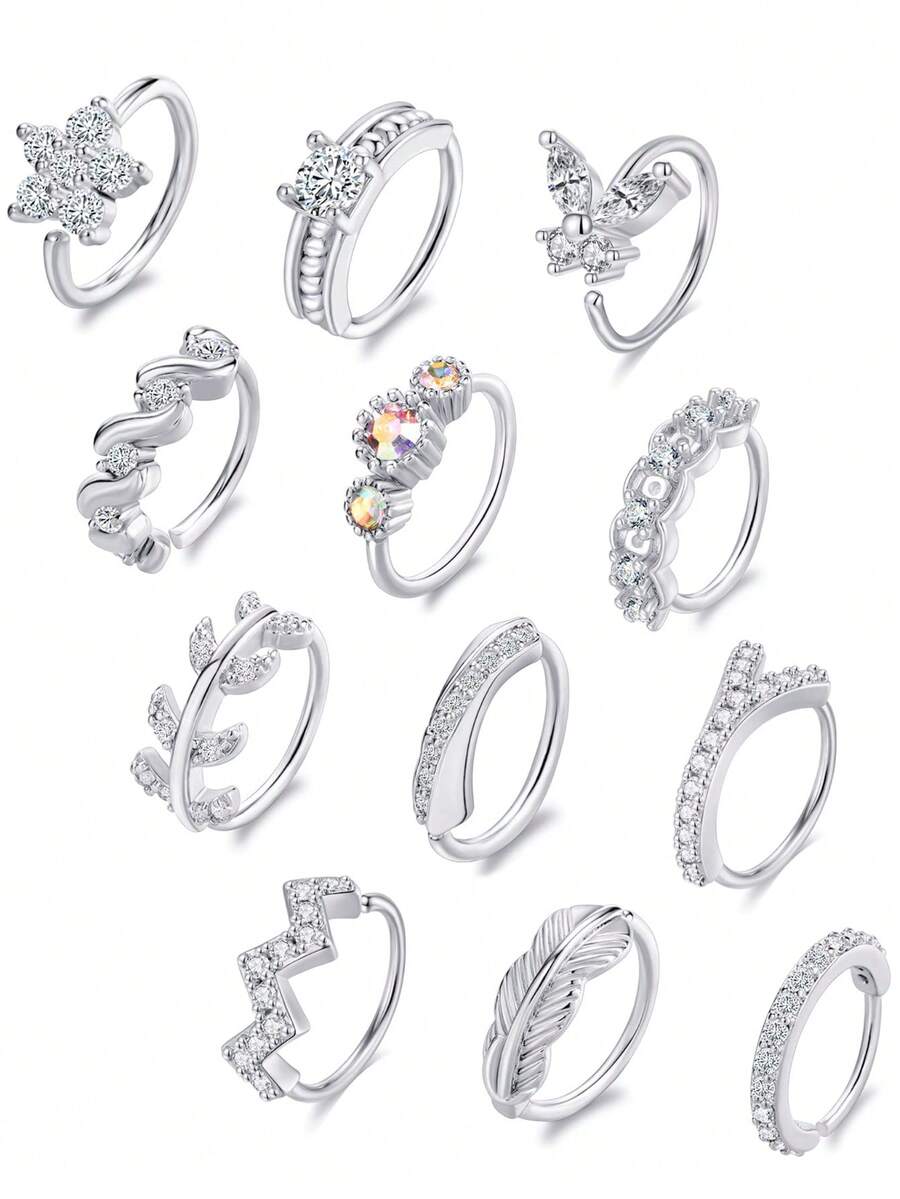 12 chiếc khuyên mũi bằng thép không gỉ sáng bóng mạ vàng/bạc đính đá CZ AAA+, thiết kế hoa/lông vũ/ngôi sao, thích hợp để đeo hàng ngày, dự tiệc và trang trí cơ thể. - Vàng - Xem 1