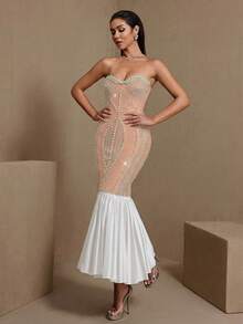 Pearl Patchwork Sexy Backless Mesh & Rhinestone Embellished Evening Gown, Suitable For Party, Date Night, Cocktail, Wedding Guest, Valentine's Day - White - View 2