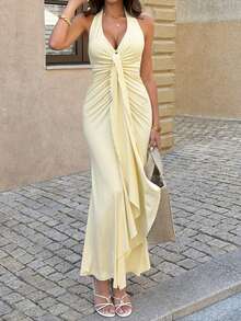 Unadoll 女士性感V领系带露背连衣裙，优雅设计，适合约会、度假、情人节、生日、婚礼宾客、派对和正式场合。 - 黃色 - 查看 3