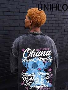 Disney UNIHLO   Stitch  Printed Summer Heavyweight Retro Washed Street Fashion Casual T-Shirt - Black - View 2