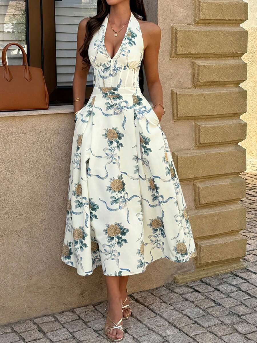 Unadoll Women's Summer Sexy Elegant Dress, Low Cut, Lace Up Neck, Backless Zipper, Waist Pleat Design, Printed Fabric Dress, Suitable For Beach, Vacation, Date, Garden, Birthday Dressing - Yellow - View 1