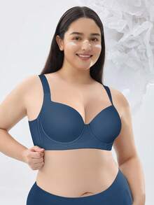 Plus Size Women Comfortable Wide Strap Side Support Lift And Shape Bra - Blue - View 9