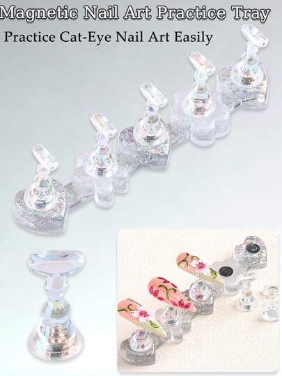 1pc Acrylic Magnetic Nail Art Practice Display Stand, Transparent Nail Art Practice Display Stand, Heart And Flower Glitter And Sequin Base Design, For Cat-Eye Nail Art Practice Display, Suitable For Beginners, Nail Art Practice Display Tool, Nail Salon Nail Supplies