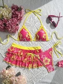 3-In-1 Floral Ruffled V-Neck Backless Tie Bikini Set With Detachable Beach Skirt, Cute And Playful - Multicolor - View 1