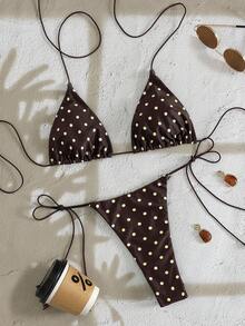 PEPPERMOLLY New Soft Polka Dot Pattern Sleeveless Cross-Strap Bikini Set, Elegant Ladies Summer Beach Fashion Bikini Vacation - Brown - View 1
