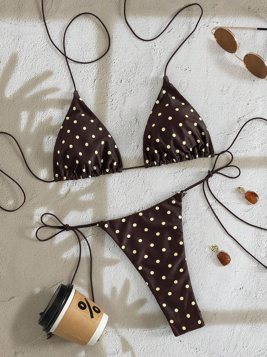 PEPPERMOLLY New Soft Polka Dot Pattern Sleeveless Cross-Strap Bikini Set, Elegant Ladies Summer Beach Fashion Bikini Vacation - Brown - View 1