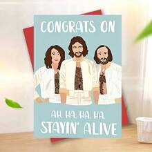 1pc "Nostalgic Bee Gees 'Congrats On Stayin' Alive' Birthday Card"Cheerful Celebration Card – Soft Sky Blue Backdrop, Stylized Illustration Of The Bee Gees In Iconic White Outfits, Humorous "Stayin' Alive" Lyric Pun, Birthday Card With Envelope, Blank Inside For Personal Notes, Perfect Gift For Bee Gees Fans, Music Lovers, Friends & Family To Celebrate Birthdays With Nostalgic, Playful Charm, Delightful Card Blending Retro Art & Festive Humor - Single Piece - View 12