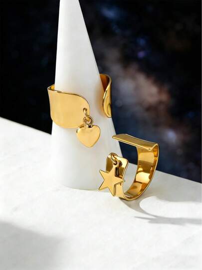 Set de 2 anillos minimalistas de metal con estrella y corazón dorados, adecuados para celebraciones, festivales y regalos