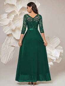 MIUSOL Elegante abito da sera lungo in chiffon con maniche a 3/4, orlo plissettato, decorato con fiori e paillettes, adatto per cerimonie formali come matrimoni, lauree, banchetti e altre occasioni - Verde Scuro - Visualizzare 3