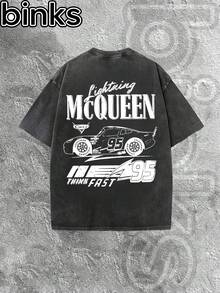 Disney Binks (Double-Sided Printing): Cars: Lightning McQueen Elements Cartoon Print Retro Distressed Washed Short Sleeved T-Shirt, High Street  Brand Loose Short Sleeved T-Shirt. Spring And Summer Fashionable Versatile Top, Holiday Gift, Vintage Print. - 黑色 - 查看 3