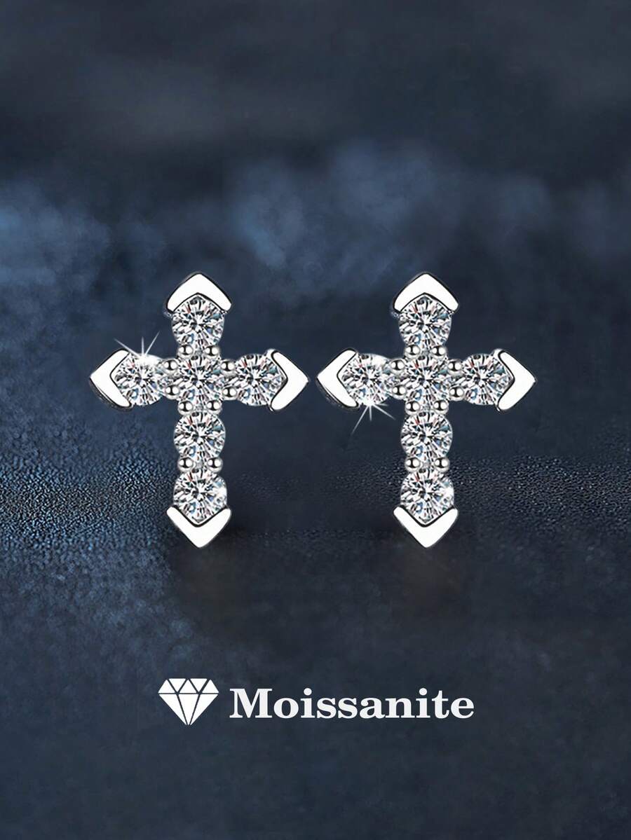 2pcs Minimalist 925 Sterling Silver 0.7ct 2.0mm Moissanite Cross Stud Earrings, Suitable For Women's Daily Wear, Wedding Anniversary, Party, Office, Birthday, New Year Jewelry Gift - Silver - View 1
