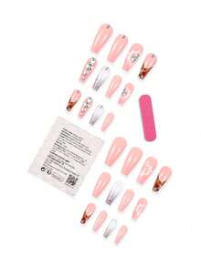 按压式美甲，加长法式假指甲，白色花朵水钻设计，全覆盖棺材形美甲，方形亚克力美甲，可重复使用，24片装，女士适用 - 彩色 - 查看 4