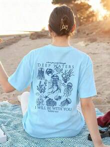 2026 Summer Tops2026 Summer ShirtWomen's Summer New Simple Cute Marine Life Print Casual Vacation Style Loose Versatile Round Neck White Short-Sleeved T-Shirt Fashionable Daily Tops Suitable For Daily Vacation Wear. Graphic Tees Women Pink TopLoose And Comfortabletops De MujerLoose And Comfortableshirts - 淺藍色 - 查看 8