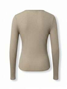 时尚蝴蝶结V领长袖T恤，褶皱修身短款女式上衣，春夏款 - 卡其色 - 查看 11