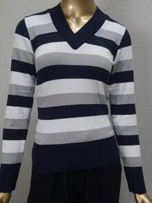 Women's Striped Sweater Blouse | Women's Long-Sleeved Striped Blouse | Striped V-Neck Blouse - 海軍藍/維扎利 - 查看 5