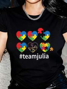 Awareness  Heart Design Women's T-Shirt With Team Julia Hashtag Print Soft Comfortable Fit For  Support And Love - Black - View 1
