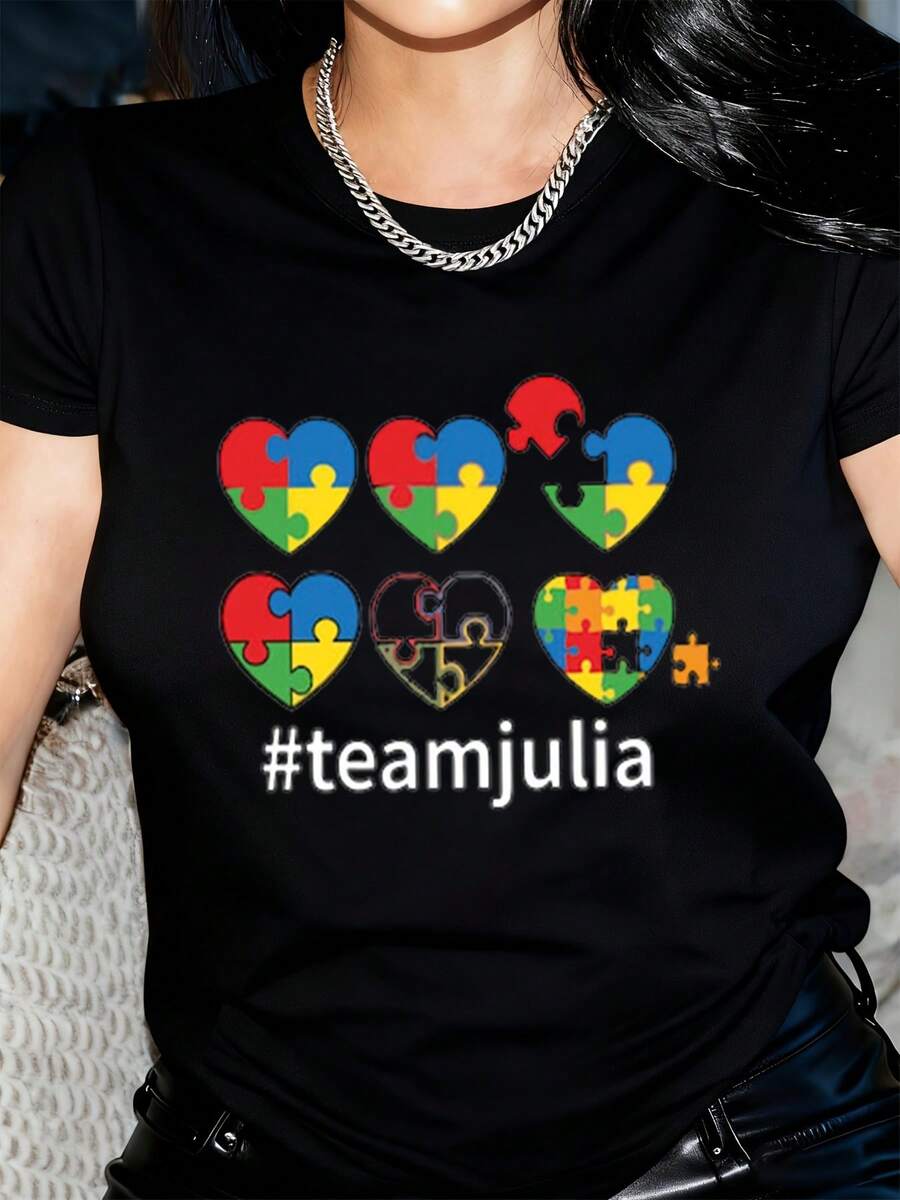 Awareness  Heart Design Women's T-Shirt With Team Julia Hashtag Print Soft Comfortable Fit For  Support And Love - Black - View 1