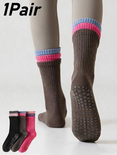 1双装复古撞色瑜伽袜，女士中筒袜，防滑，适合瑜伽、普拉提和健身等运动。