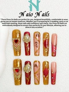 NAIO 10片方形手工美甲贴片，奢华风格，按压式尖头美甲贴片，裸色和红色可选，不对称液态金属、猫眼法式尖头、天使图案设计。配有金属爱心、仿珍珠和蝴蝶结美甲装饰。这些美甲贴片非常适合女性和女孩，是派对和日常佩戴的理想之选。套装包含美甲工具。精美礼物，女性和女孩的绝佳选择。春夏美甲手工按压式美甲贴片。 - 彩色 - 查看 2