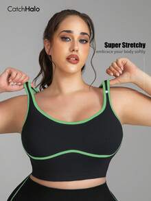 Plus Size Women Seamless Wireless Low U-Neck Patchwork Yoga Sports Bra Top Summer - Black/Green - View 6