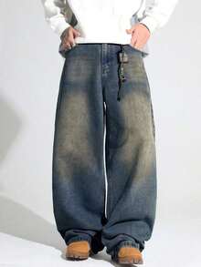1pc Casual Loose Fit Straight Leg Jeans, Unisex Couple Style - Dusty Blue - View 5