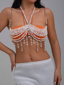 1pc Retro Exaggerated Geometric Faux Pearl Beaded Tassel Sexy Bikini Body Chain, Elegant Fashion, Luxurious, Suitable For Wedding, Party, Beach, Casual, Street Style, Women & Couples, Holiday, Birthday, Versatile Gift - Chest Chain - View 3