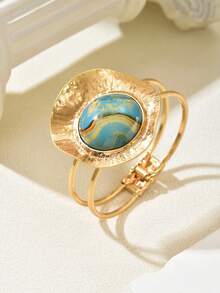 1pc Fashionable Geometric Open Bangle Bracelet, Suitable For Mother's Day, Party, Vacation, Holiday, Casual Daily Wear - Yellow Gold - View 4