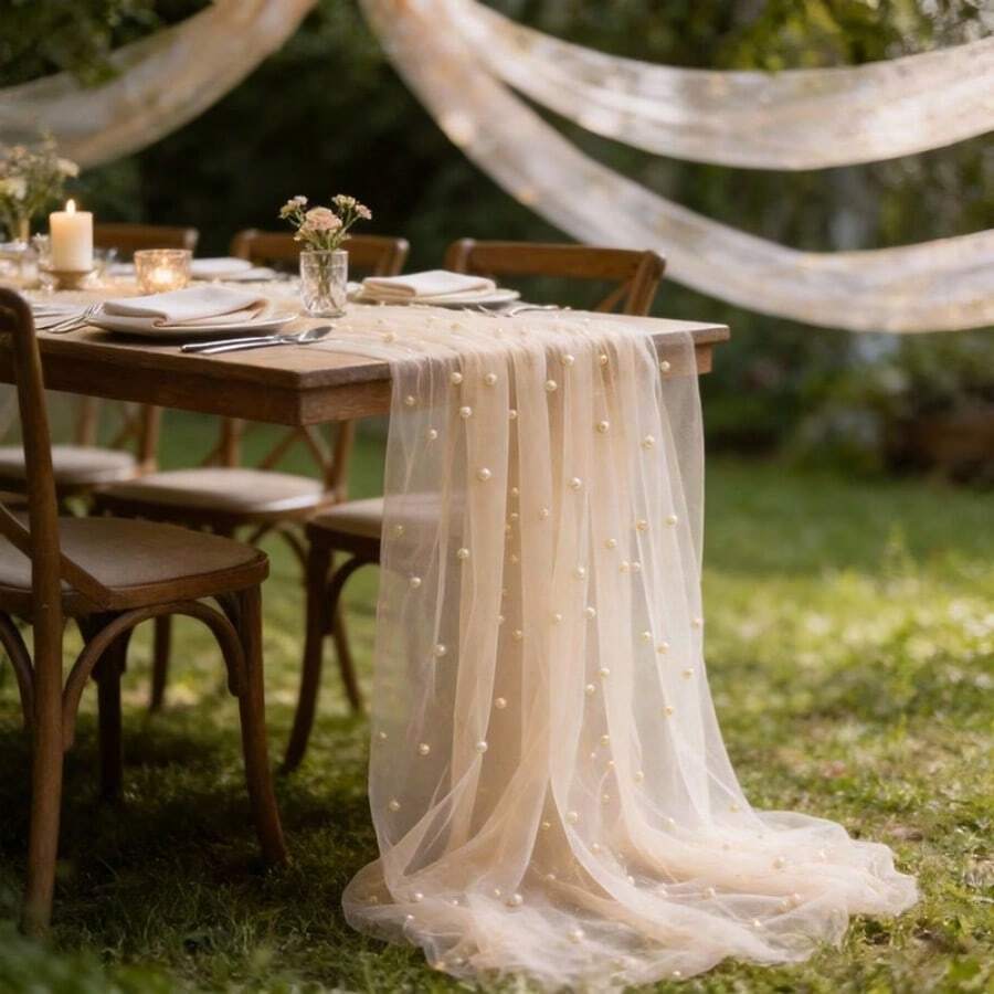 1 Stück Champagner Perle Tüll Tischläufer, weiches Polyester mit hübschen Perlen eingebettet, dekorativer Tischläufer und Stuhlrückenbezug, geeignet für Tischdekoration, Heimdekoration, Geschenkband, Dessertbuffet, Hochzeit - Champagnerfarben - Übersicht 1