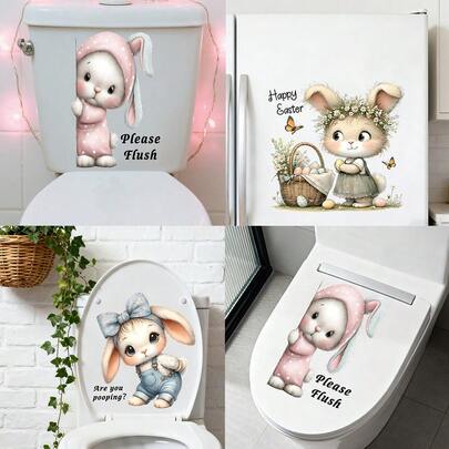 1/3pcs Removable Waterproof Easter Bunny Toilet Sticker "Are You Pooping?" Pajama Bunny Wall Decal Bathroom Toilet Lid Decoration, Spring Home Decor