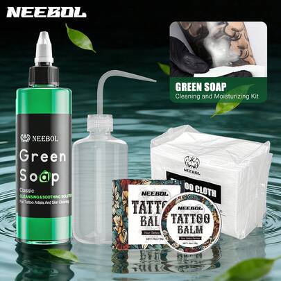  Neebol Green Soap Tattoo Cleansing Four-Piece Set, Tattoo Cleaning Solution For Skin Prep Before And After Tattooing, 8.5oz Tattoo Soap With Squeeze Bottle, Moisturizing Tattoo Balm Cream For Vibrant Color, 50pcs Tattoo Wipes Cleasing Cloth, Tattoo Kit And Tools For Beginners And Artists, Tattoo Supplies Body Art Makeup Valentine's Day Gift For Besties And Lovers