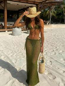 Olive Green Crochet Triangle Bikini Top, Green Knitted 3 PiecesBeach Dress Set, Crochet Low-Waist Wide-Leg Beach Skirt, Suitable For Christmas, Girlfriend Gift, New Year, Valentine's Day And Other Occasions - Green - View 1