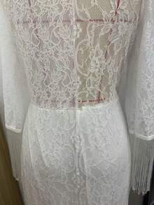 Vestido romántico blanco retro encaje cuello en V manga larga flecos - Blanco - Ver 7