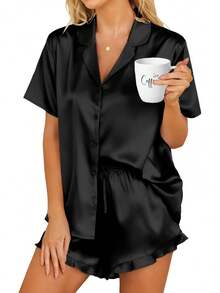 Womens Satin Pajamas Set Button Down 2 Piece Silk Pjs Shorts Set Ruffle Lingerie Notch Collar Sleepwear - màu đen - Xem 10