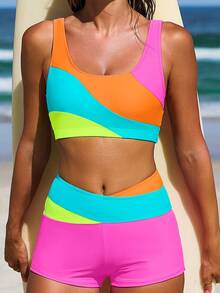 popvil Bộ bikini thể thao phối màu dành cho nữ, kiểu quần đùi ngắn, cạp cao, hai mảnh. - Nhiều màu - Xem 4