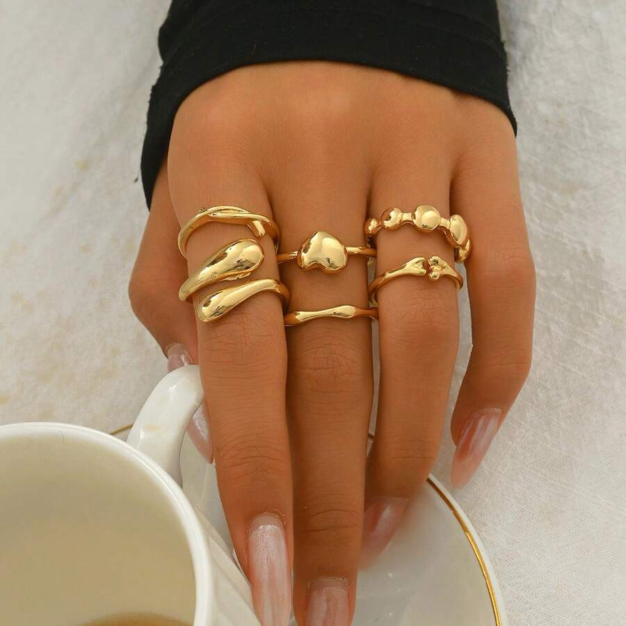 1 Set de Anillos de Pareja Asimétricos Geométricos Elegantes y de Moda - Multicolor - Ver 1