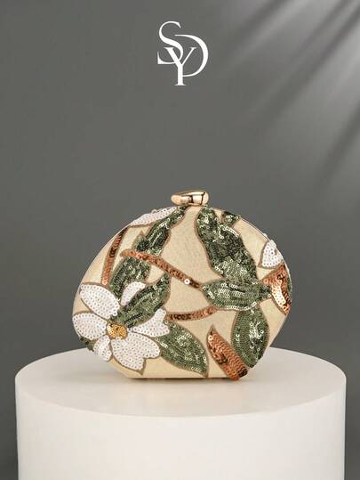 1 pieza Nuevo bolso de mano con forma de caja y estampado floral de mango, nuevo bolso de noche vintage de color albaricoque con bordado de lentejuelas con cadena, adecuado para chicas de fiesta, novias, recién casadas y damas de oficina, fiesta, baile, boda Mini bolso con forma de caja (patrón aleatorio), adecuado para el trabajo, viajes de negocios, salidas, ir y venir