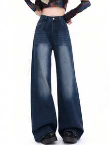 高腰复古美式修身直筒九分女式牛仔裤 - 中等水洗藍 - 查看 10