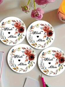 1/2/4/6/10 Pc  Personalized Custom Names: Handmade Round Wooden Coasters, Wedding Coasters | Custom Name Wreath Design, Ideal For Weddings, Table Decorations, Wedding Favors, Gifts, And Valentine's Day Decorations - Beige - View 4
